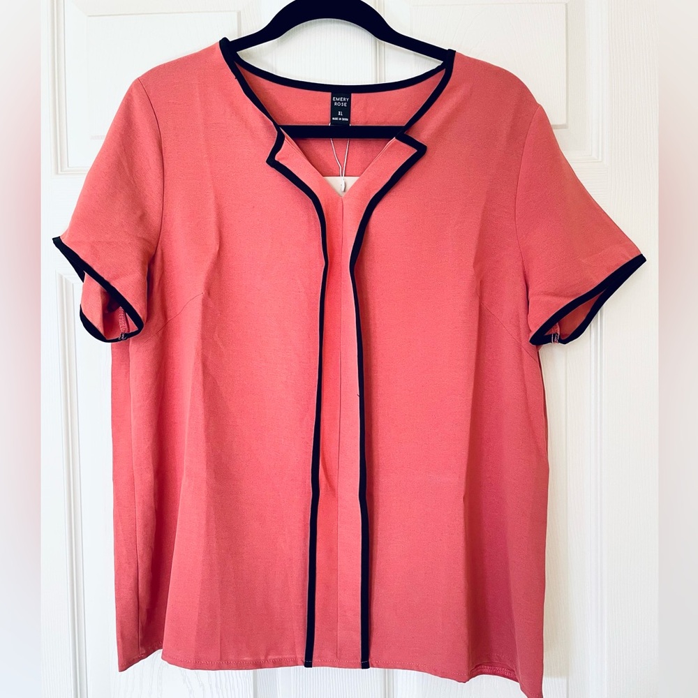 Emery Rose Coral Blouse | Black Trim Detail | V-Neck